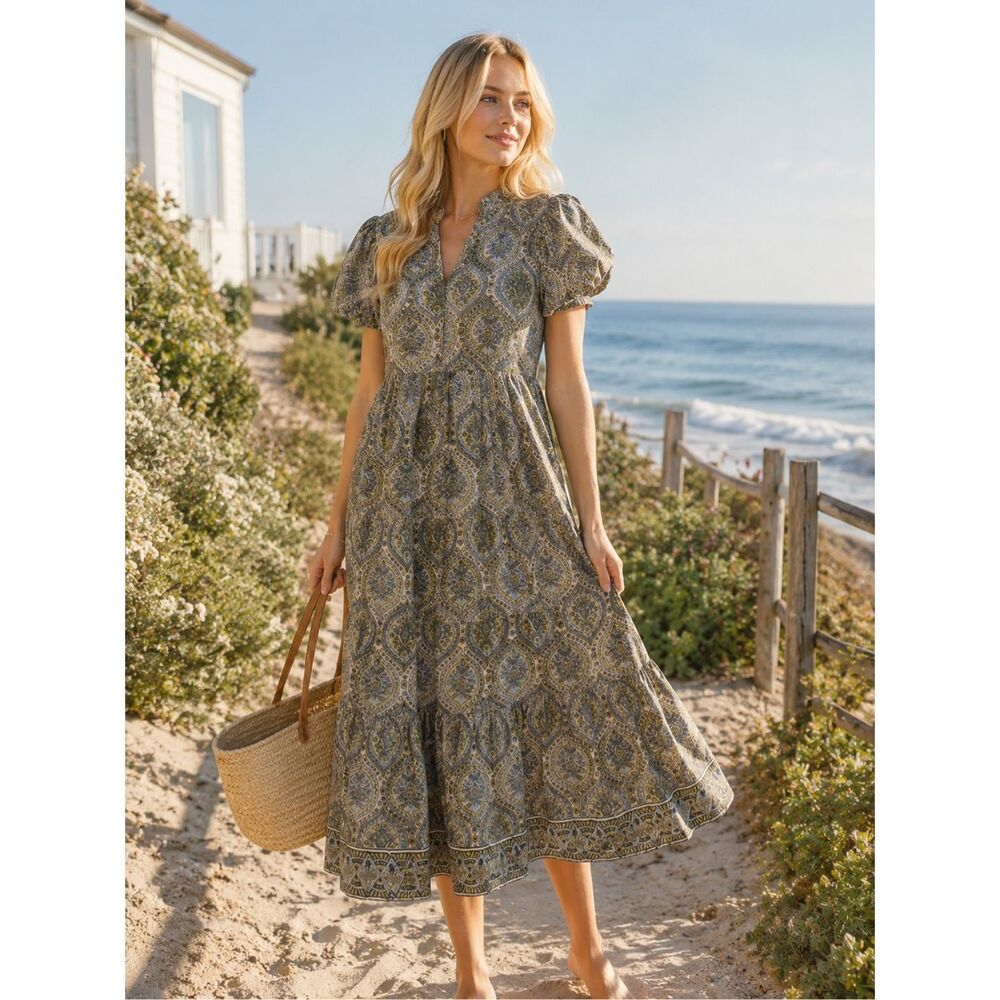 NWT Victoria Dunn Clover Tiered Maxi Dress XS Block Print 100% Cotton